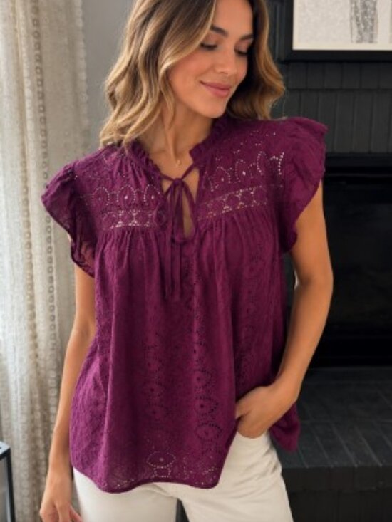 LOFT Tops - LOFT Eyelet Flutter Sleeve Blouse, Size Large *EPOC